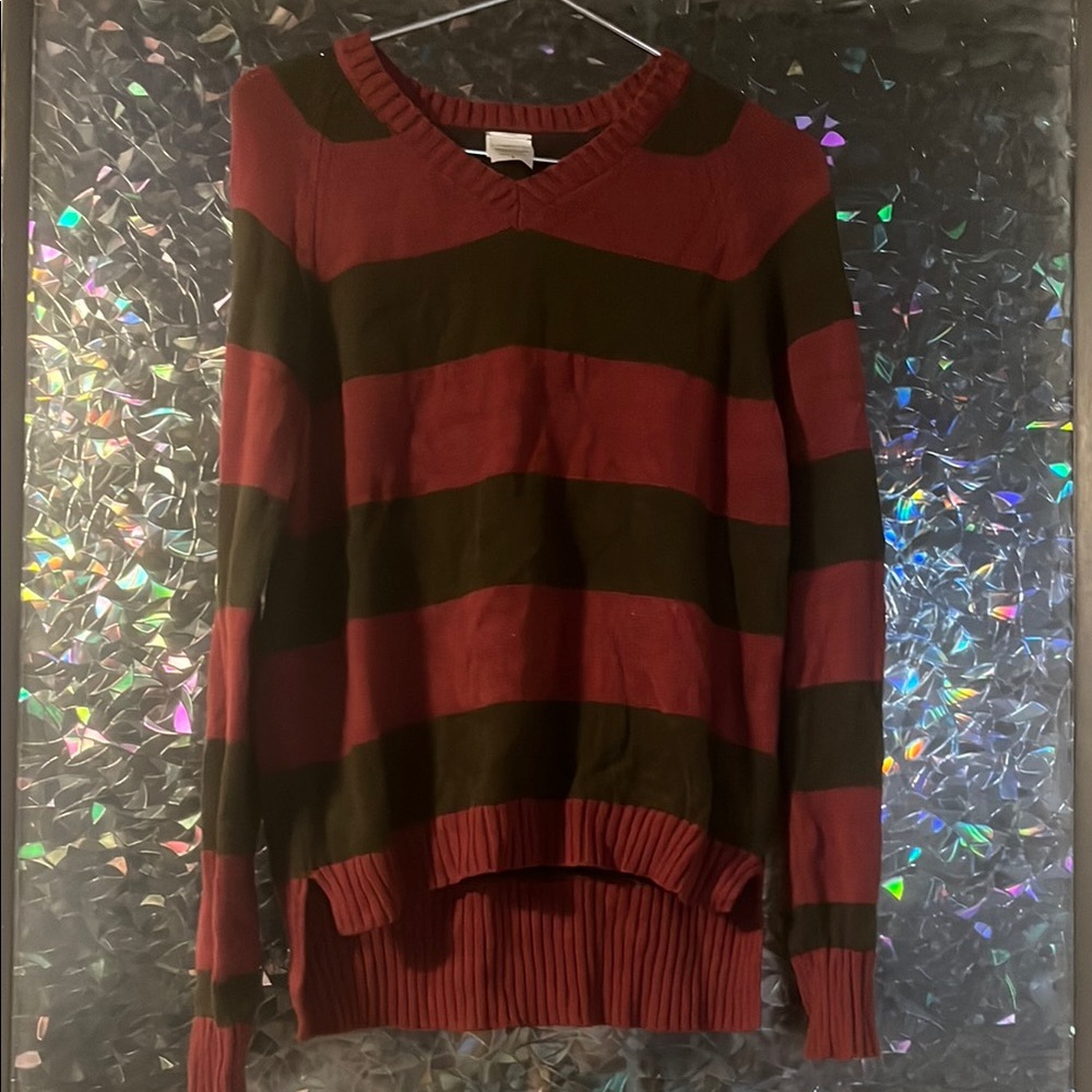 Burgundy and Green V-Neck Sweater